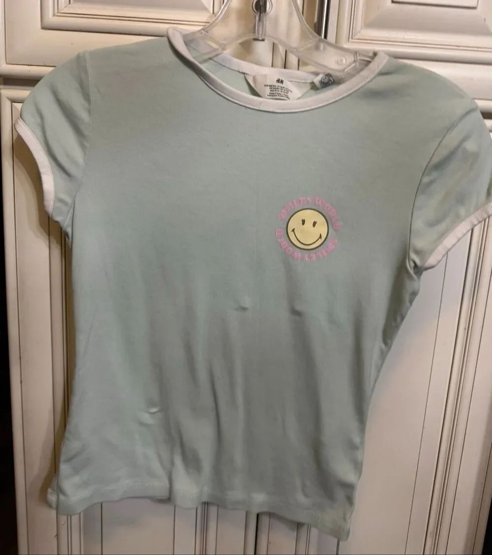 H&MβGirls Smiley World Short Sleeves Graphic T-Shirt Mint Green White Size 16/18